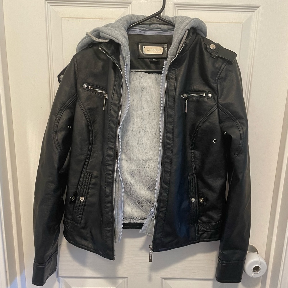 Faux leather jacket with detachable hood and feax fur inside
